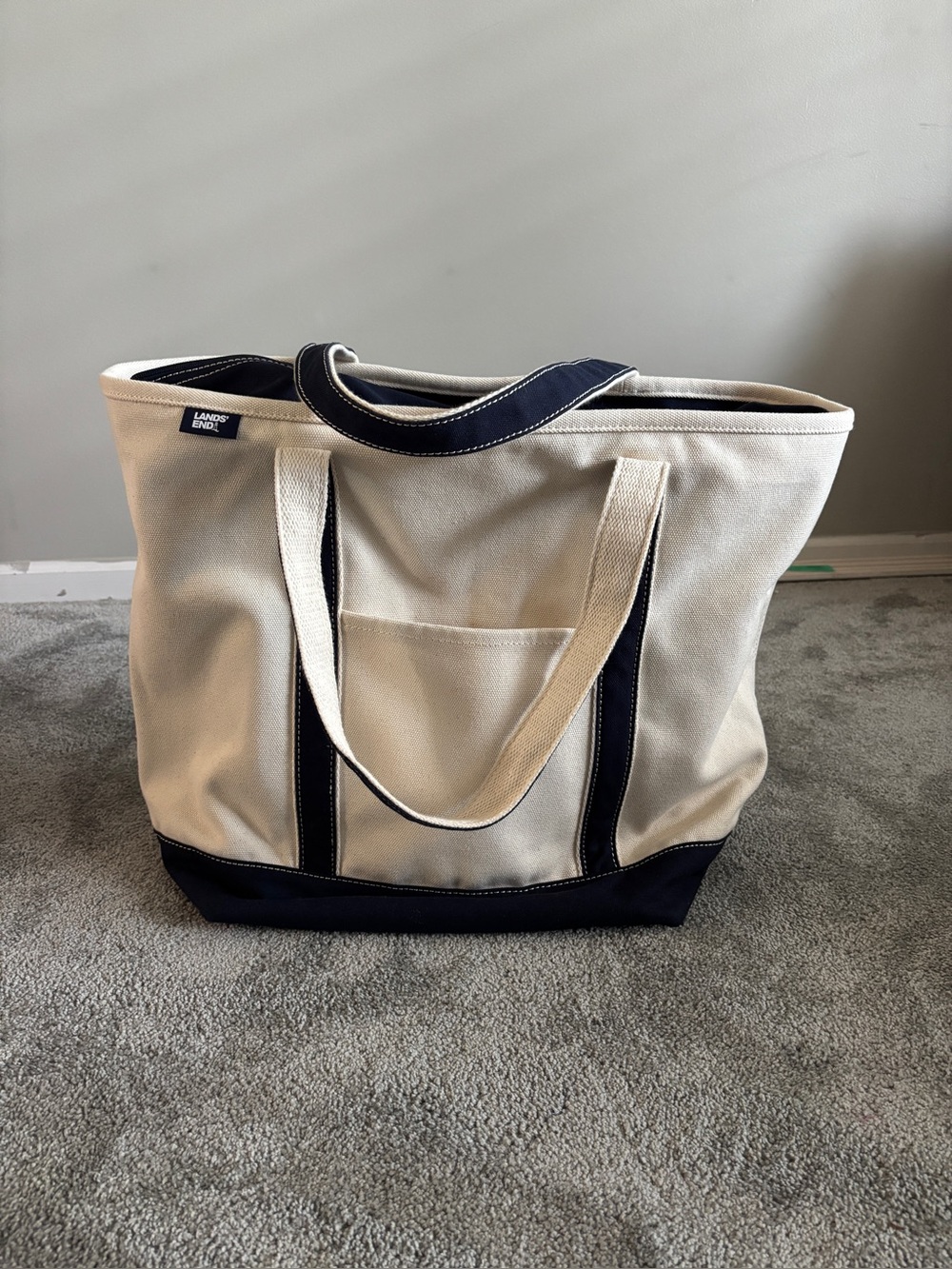 Lands’ End XL Zip Top Canvas Tote Bag Natural Navy Travel Beach Carryall